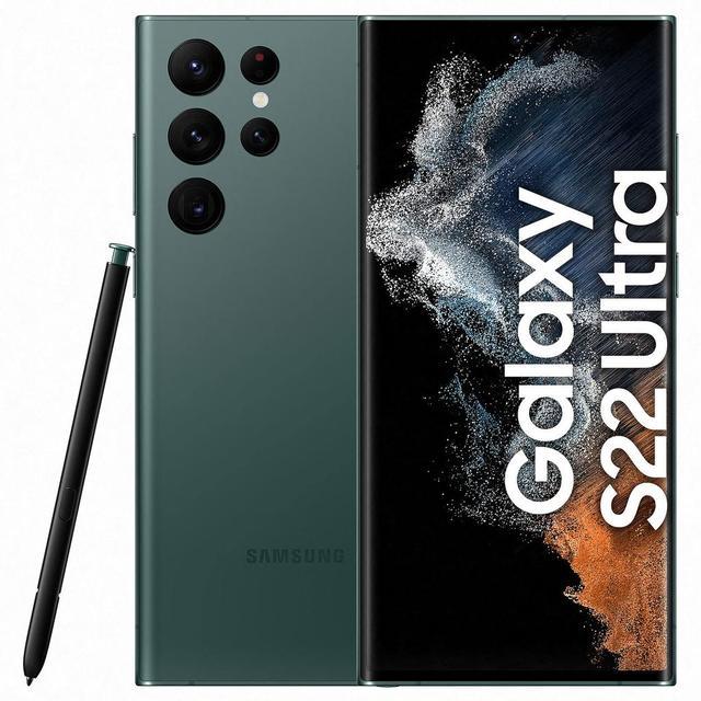 Samsung Galaxy S22 Ultra 5G in green, featuring a sleek design, premium finish, five rear cameras, and a stylus, with "Galaxy S22 Ultra" prominently displayed on the screen.