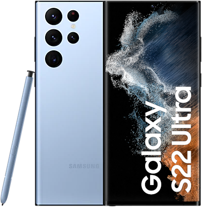 Samsung Galaxy S22 Ultra 5G in Sky Blue, featuring a sleek design, five rear cameras, and a stylus, with a premium finish and 256GB storage capacity.