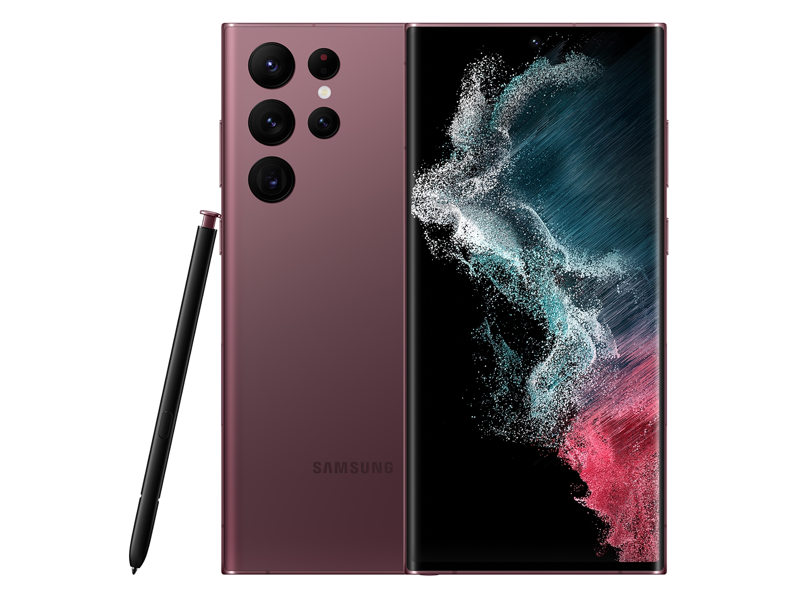 Samsung Galaxy S22 Ultra 5G in Burgundy Red, featuring a sleek glass back, multiple rear cameras, and an S Pen, with a vibrant display showcasing dynamic colors.