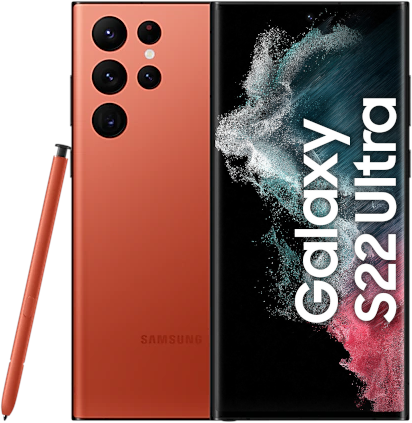 Samsung Galaxy S22 Ultra 5G in red with a sleek design, featuring a large display, multiple rear cameras, and a stylus pen. Capacity: 512GB, condition: premium.