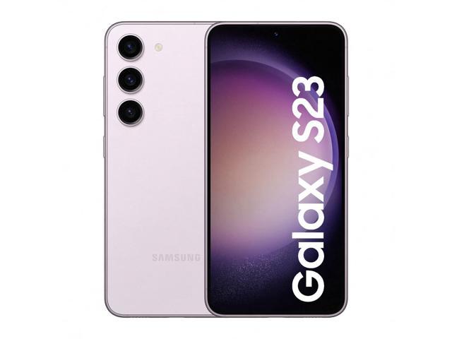 Samsung Galaxy S23 in lavender, featuring a sleek design, triple rear camera setup, and a vibrant display with "Galaxy S23" prominently displayed on the front.
