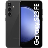 Black Samsung Galaxy S23 FE smartphone with triple rear cameras and large display showing "Galaxy S23 FE" text.