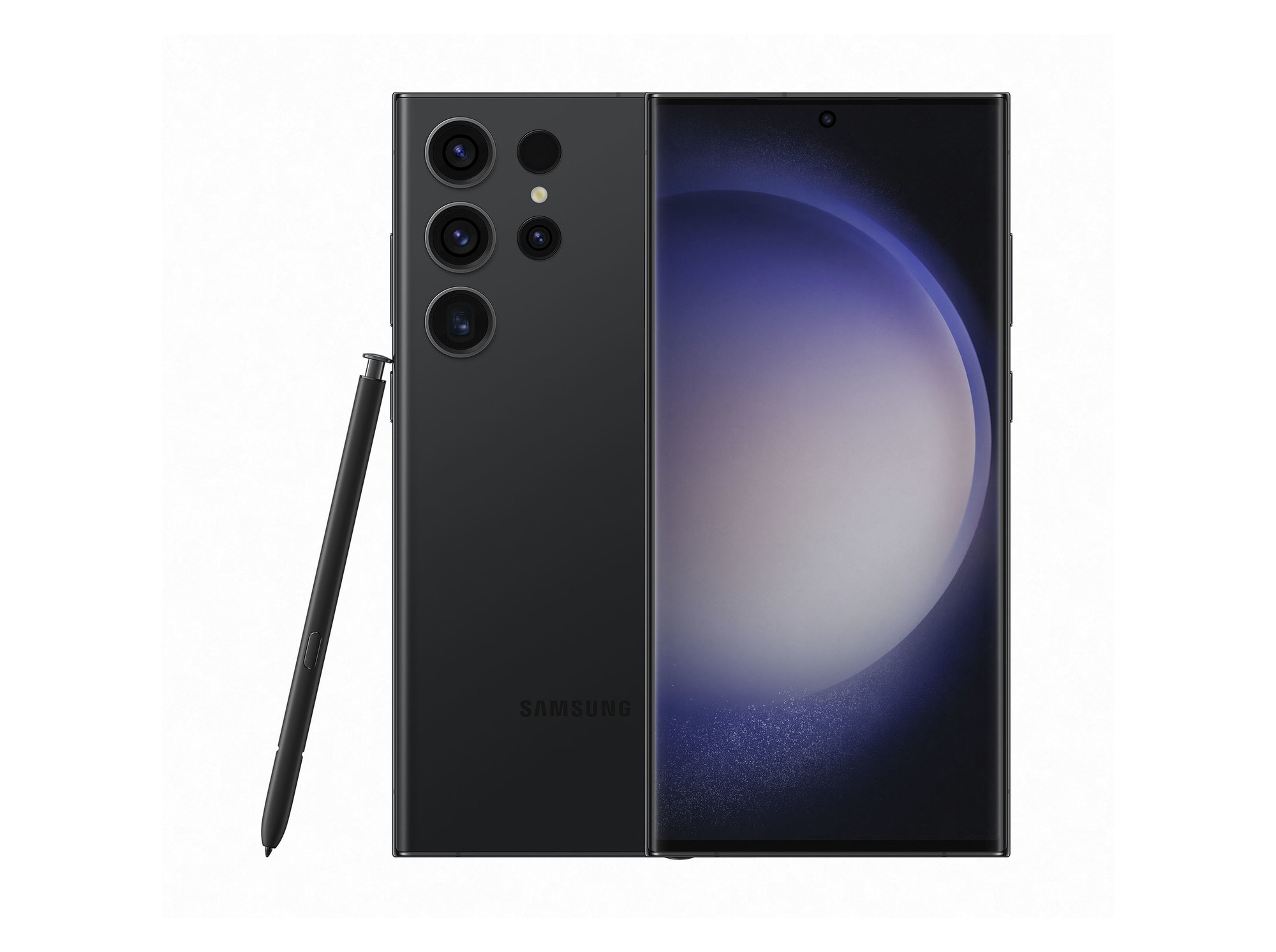 Samsung Galaxy S23 Ultra in sleek black with a glass back, featuring a large display, four rear cameras, and an included stylus.