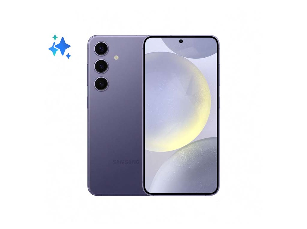 Samsung Galaxy S24 in violet, featuring a 6.2-inch display, three rear cameras, USB Type-C port, 8 GB RAM, 256 GB storage, and a sleek design.