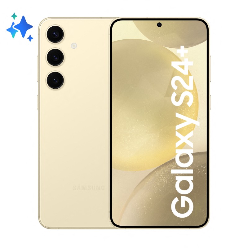 Samsung Galaxy S24+ smartphone in Amber Yellow, featuring a sleek design, large 6.7-inch display, triple rear cameras, and 512GB storage, unlocked for 5G use.