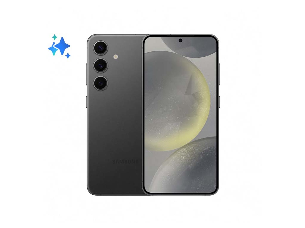 Samsung S24+ 5G smartphone in Onyx Black, featuring a sleek design, triple rear camera setup, and a vibrant display with minimal bezels.