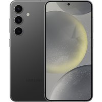 Black Samsung Galaxy S24 smartphone with triple rear cameras and edge-to-edge display showing abstract design.