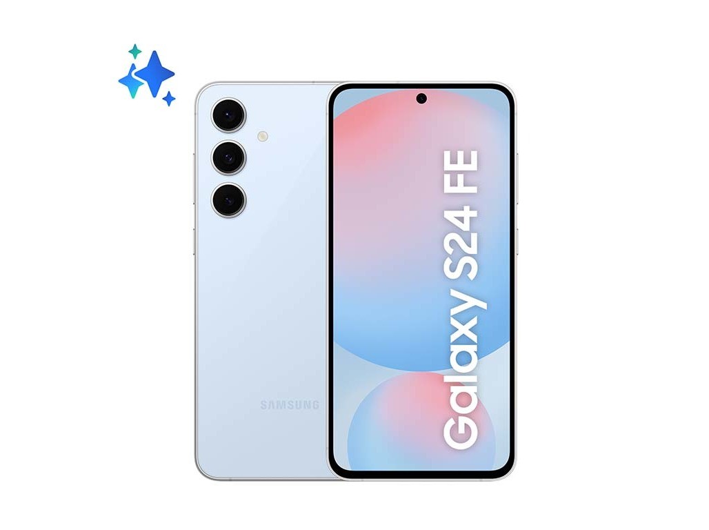Samsung Galaxy S24 FE in light blue, featuring a 6.7-inch display, three rear cameras, and a sleek design with a prominent "Galaxy S24 FE" logo on the front.