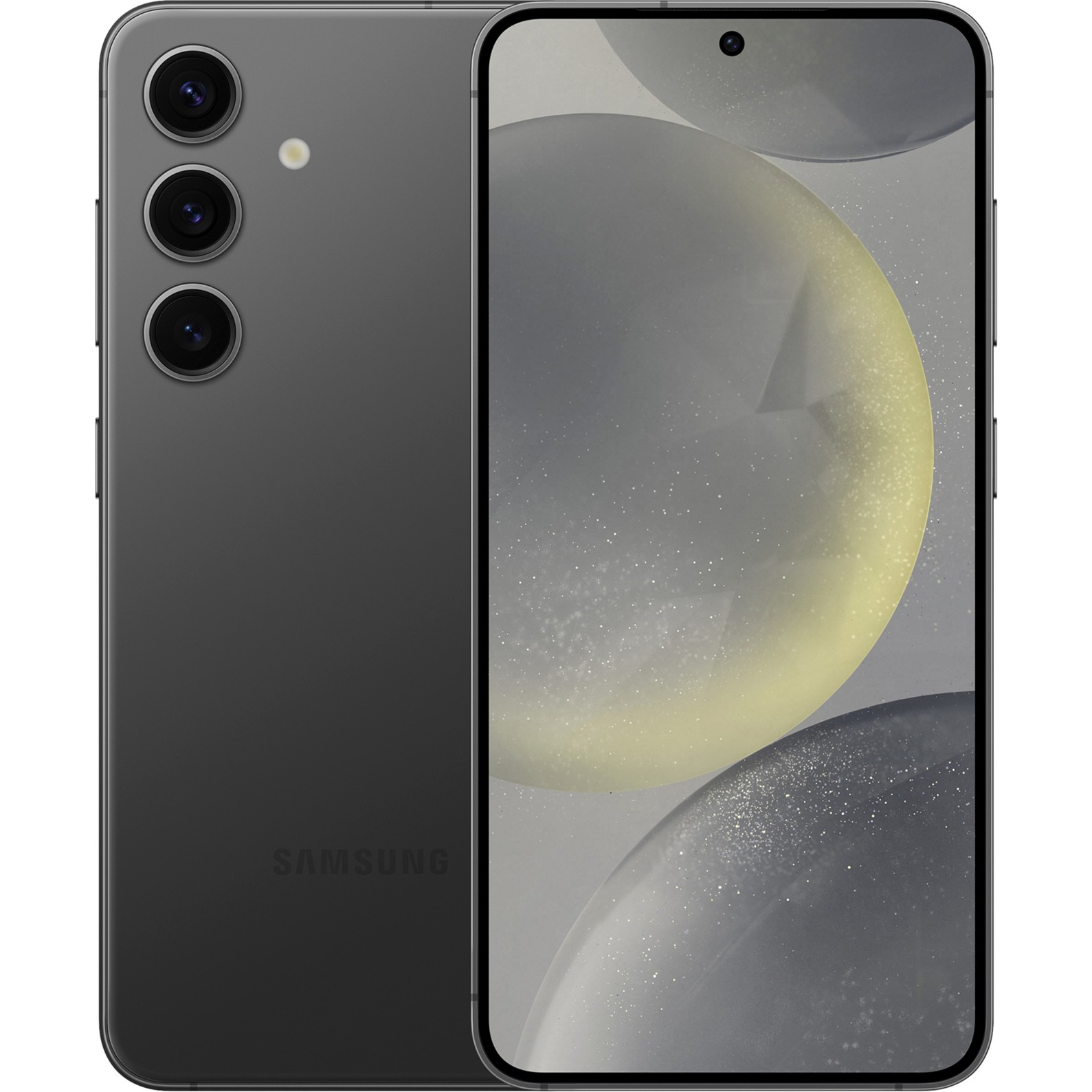 Samsung Galaxy S24 smartphone in Onyx Black, featuring a sleek design, 6.2-inch display, three rear cameras, and 256GB storage, unlocked and SIM-free.