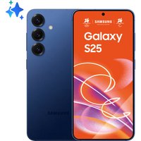 Blue Samsung Galaxy S25 smartphone with triple rear cameras and orange display showing model name.