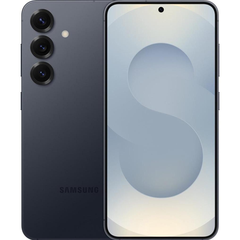 Samsung Galaxy S25 smartphone in blue-black, featuring a sleek design, 6.2-inch display, three rear cameras, and a minimalist front with a central hole-punch camera.