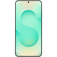 Samsung Galaxy S25 in mint color, dual SIM, sleek design, edge-to-edge display, single front camera.