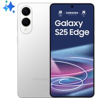 Samsung Galaxy S25 Edge smartphone, silver, dual rear cameras, 6.7-inch display, Android 15, 5G connectivity.