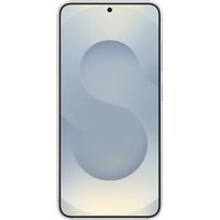 Silver Samsung Galaxy S25 smartphone, 6.2-inch display, centered front camera, sleek design, minimal bezels.