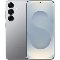 Silver Samsung Galaxy S25 smartphone with triple rear cameras and edge-to-edge display.
