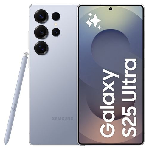 Samsung Galaxy S25 Ultra in blue silver with a sleek design, featuring a 6.9-inch display, four rear cameras, and an S Pen alongside the screen.