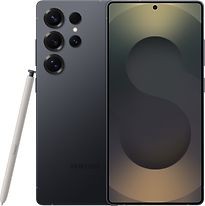 Samsung Galaxy S25 Ultra in black, featuring a sleek design, large 6.9-inch display, multiple rear cameras, and an integrated S Pen.