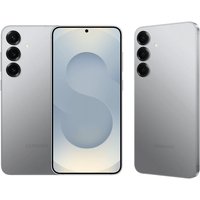 Samsung Galaxy S25 smartphone, silver, with three rear cameras and edge-to-edge display.