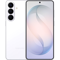 Samsung Galaxy S26+ smartphone, white, triple rear cameras, edge-to-edge display, centered front camera hole.