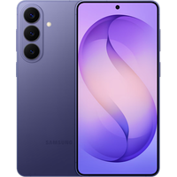 Cobalt Violet Samsung Galaxy S26+ smartphone with triple rear cameras and edge-to-edge display.