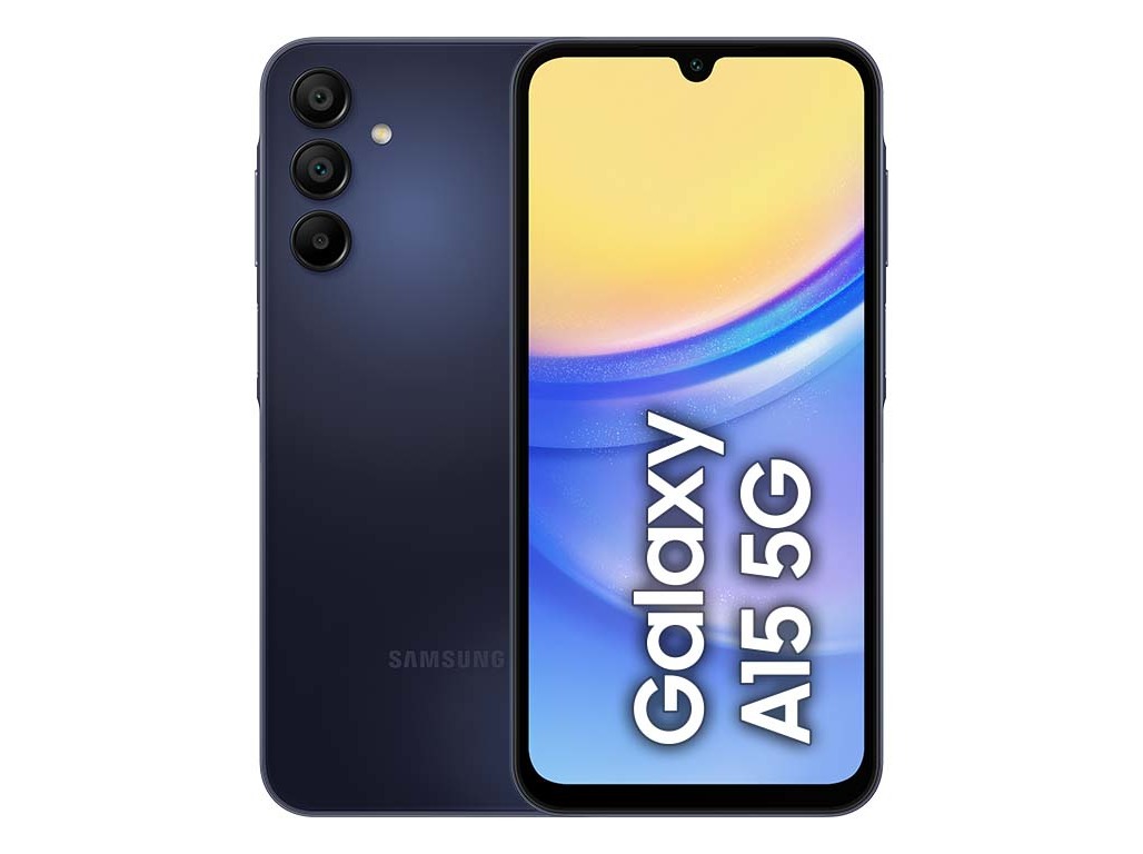 Samsung Galaxy SM-A156B smartphone in navy blue with a 6.5-inch display, featuring a waterdrop notch, three rear cameras, and "Galaxy A15 5G" text on the front.