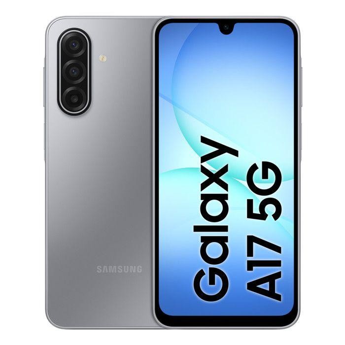 Samsung Galaxy A17 5G smartphone in silver, featuring a 6.7-inch display, hybrid dual SIM capability, USB Type-C port, and sleek design with a minimalist aesthetic.