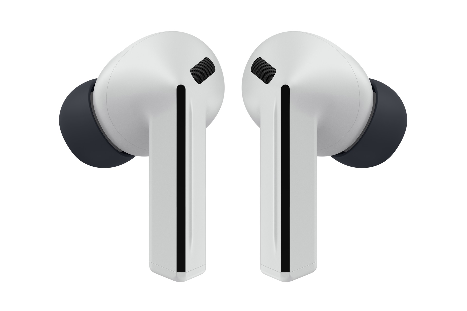 True wireless stereo headphones in sleek white with black accents, featuring a compact design and ear tips for a comfortable fit.