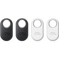 Black and white Samsung Galaxy SmartTag 2 set, oval shape with keyring hole, embossed logo on each tag.