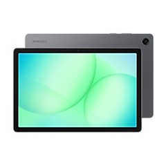 Samsung Galaxy Tab A11+ in gray, featuring a vibrant green and blue display, sleek design, and 128 GB storage with 6 GB RAM, ideal for Wi-Fi connectivity.