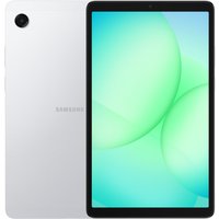 Silver Samsung Galaxy Tab A11, 8.7-inch display, 64 GB storage, slim bezels, rear camera, and sleek design.