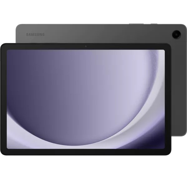 Samsung Galaxy Tab A9+ in sleek dark gray, featuring an 11-inch display with minimal bezels, and a smooth matte finish on the back, showcasing its modern design.