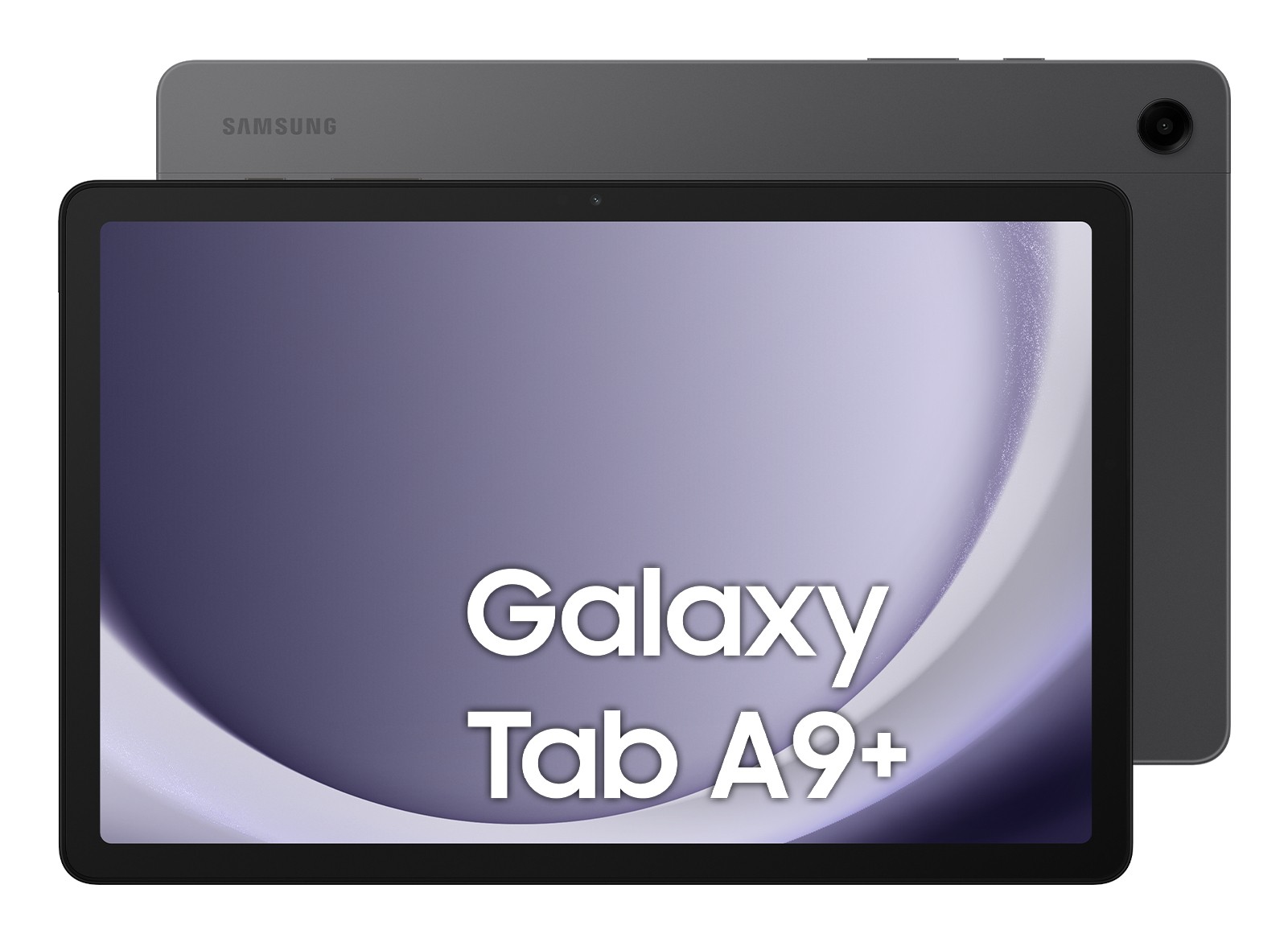 Samsung Galaxy Tab A9+ in dark gray, featuring a sleek design, 11-inch display, Snapdragon processor, and 128 GB storage, with "Galaxy Tab A9+" prominently displayed on the screen.