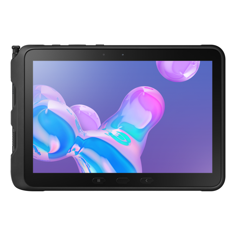 Samsung Galaxy Tab Active4 Pro in black, featuring a rugged design, 10.1-inch display, and 5G connectivity, with a vibrant, colorful screen showcasing abstract shapes.