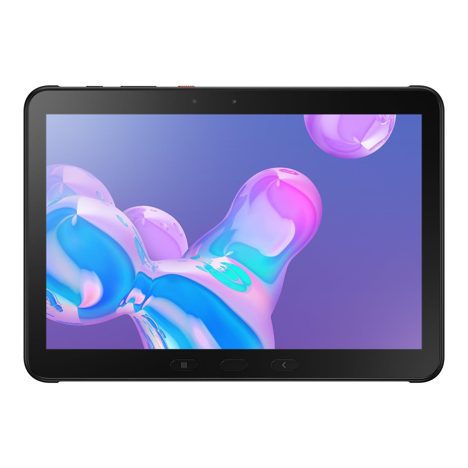 Samsung T545 Tab Active Pro in black, featuring a 10.1-inch display, 64GB storage, and a sleek, durable design with rounded edges and a vibrant screen showcasing colorful graphics.