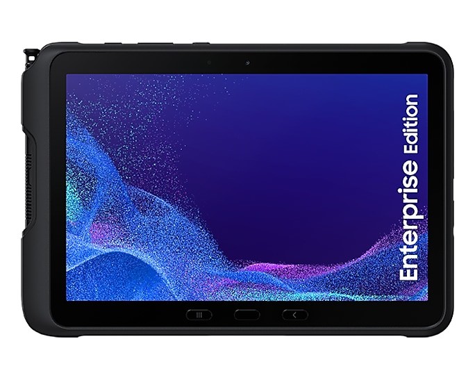 Samsung Galaxy Tab ACTIVE4 PRO in black with a rugged design, featuring a 10.1-inch display, Snapdragon processor, and "Enterprise Edition" branding on the side.