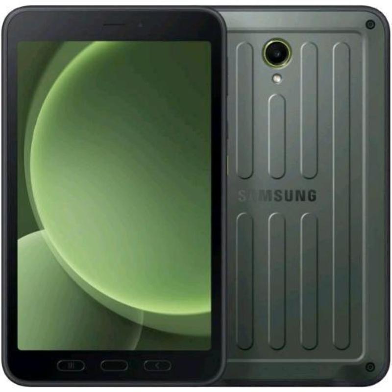Samsung Galaxy Tab Active5 in dark gray with a rugged design, featuring a large touchscreen, rear camera, and Samsung branding on the back.
