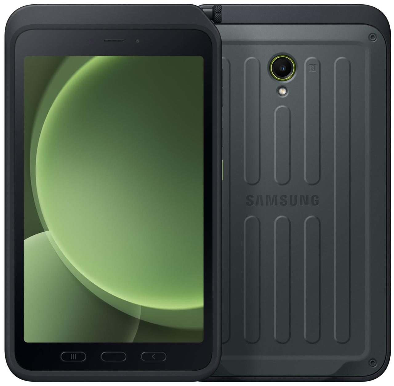 Samsung Galaxy Tab Active5 in dark gray, featuring a rugged design, textured back, and a large green display, designed for enterprise use with Samsung Exynos 128 processor.