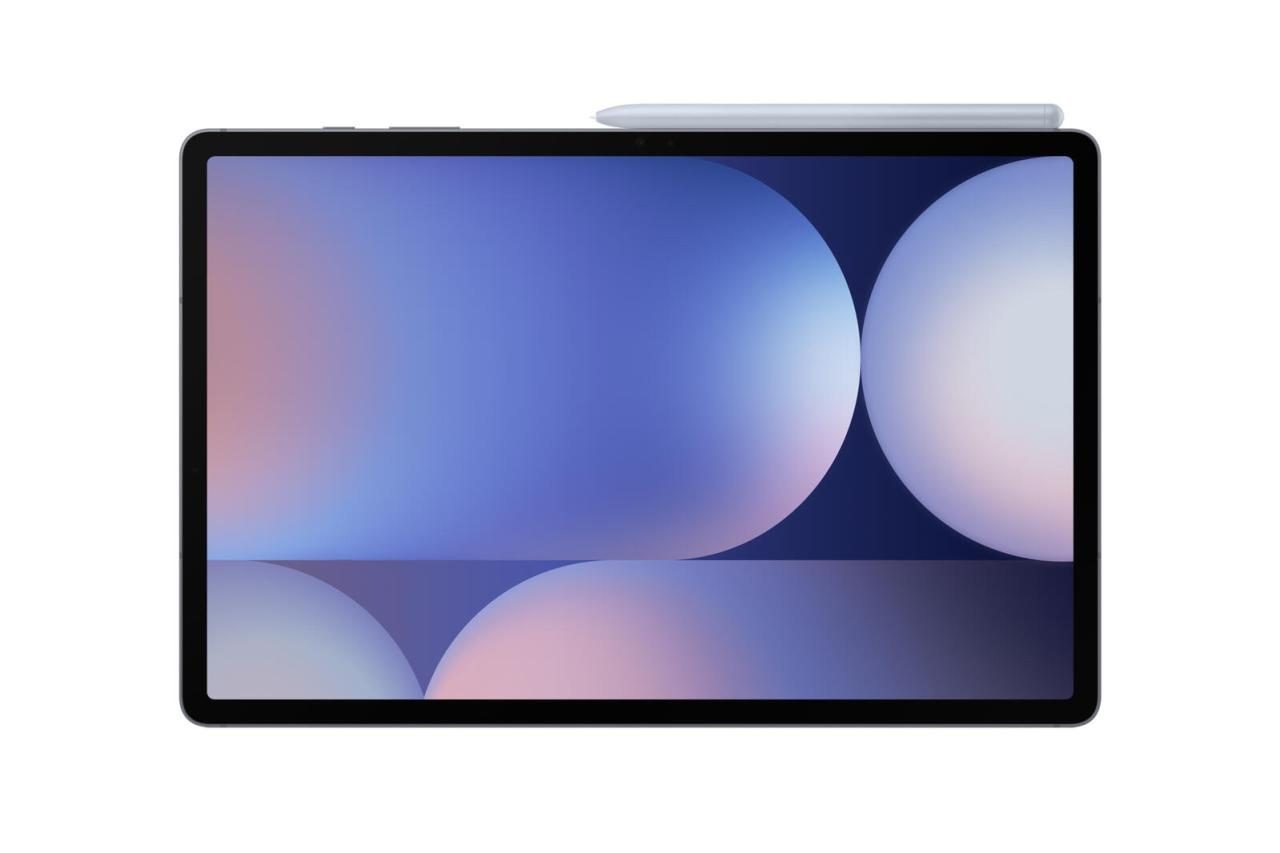 Samsung Galaxy Tab S10+ in black with a 12.4-inch display, featuring a sleek design and a stylus positioned on top, showcasing a vibrant abstract background in pastel colors.