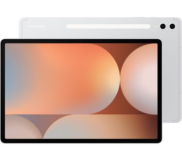 Samsung Galaxy Tab S10+ in silver, featuring a sleek design with a 12.4-inch display, vibrant colors, and dual rear cameras, showcasing a modern aesthetic.