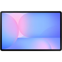 Samsung Galaxy Tab S10 FE+ tablet, 13.1" display, slim black bezel, vibrant abstract blue and pink screen design.