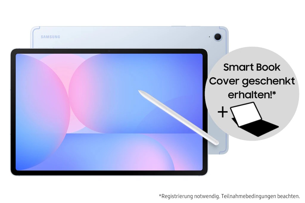 Samsung Galaxy Tab S10 FE+ 5G in light blue, featuring a large 13.1" display, sleek design, and includes a stylus and promotional Smart Book cover.