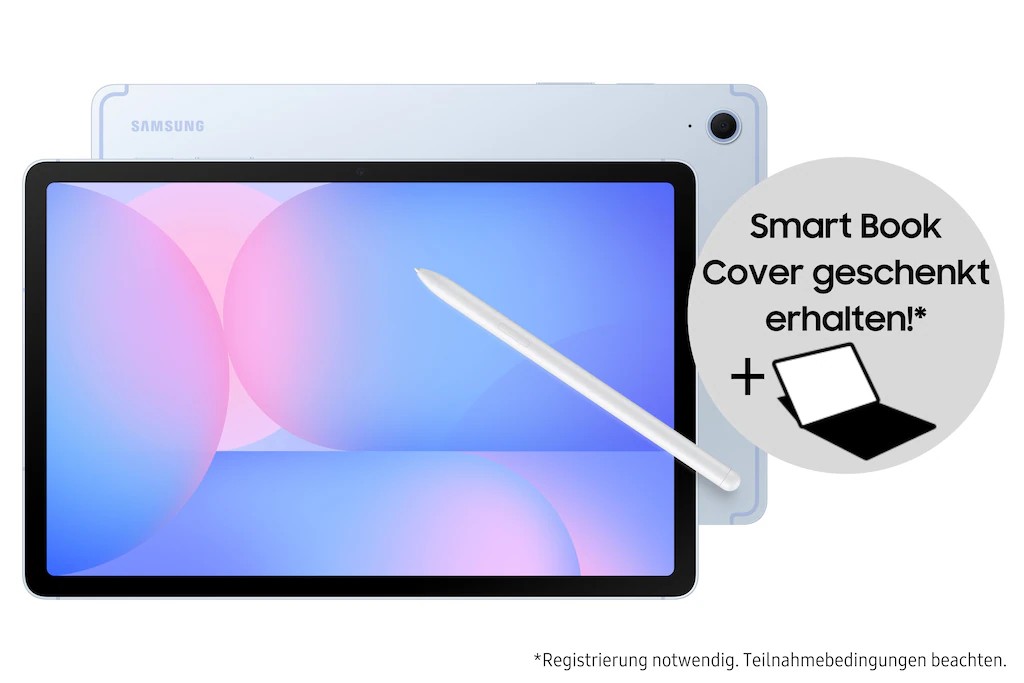Samsung Galaxy Tab S10 FE 5G in light blue with a sleek design, featuring a stylus, and a promotional offer for a Smart Book Cover included.