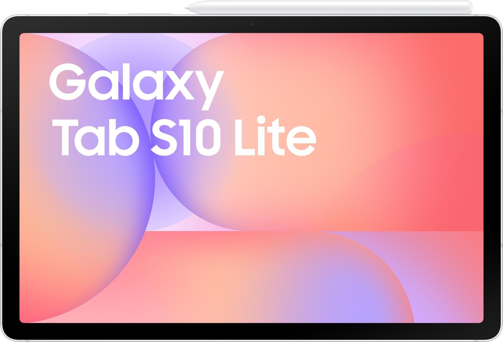 Samsung Galaxy Tab S10 Lite in black with a vibrant pink and purple gradient background, featuring a large 10.9" display and a sleek design, accompanied by a stylus.