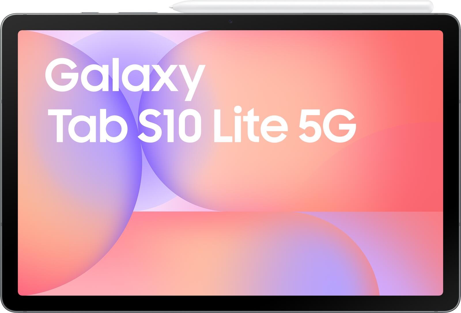 Samsung Galaxy Tab S10 Lite 5G with a vibrant pink and purple gradient display, featuring a sleek black frame and a stylus resting on top.
