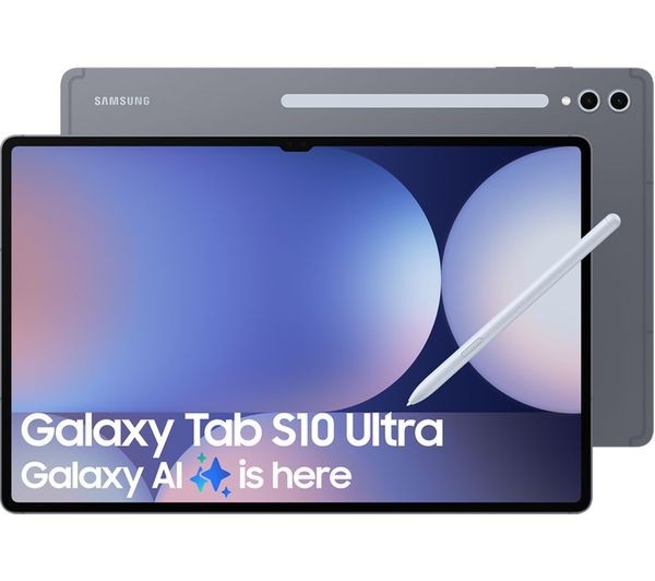Samsung Galaxy Tab S10 Ultra in grey, featuring a 14.6" AMOLED 2X display, 12GB RAM, 256GB storage, and an S Pen, showcasing a sleek design and vibrant screen.