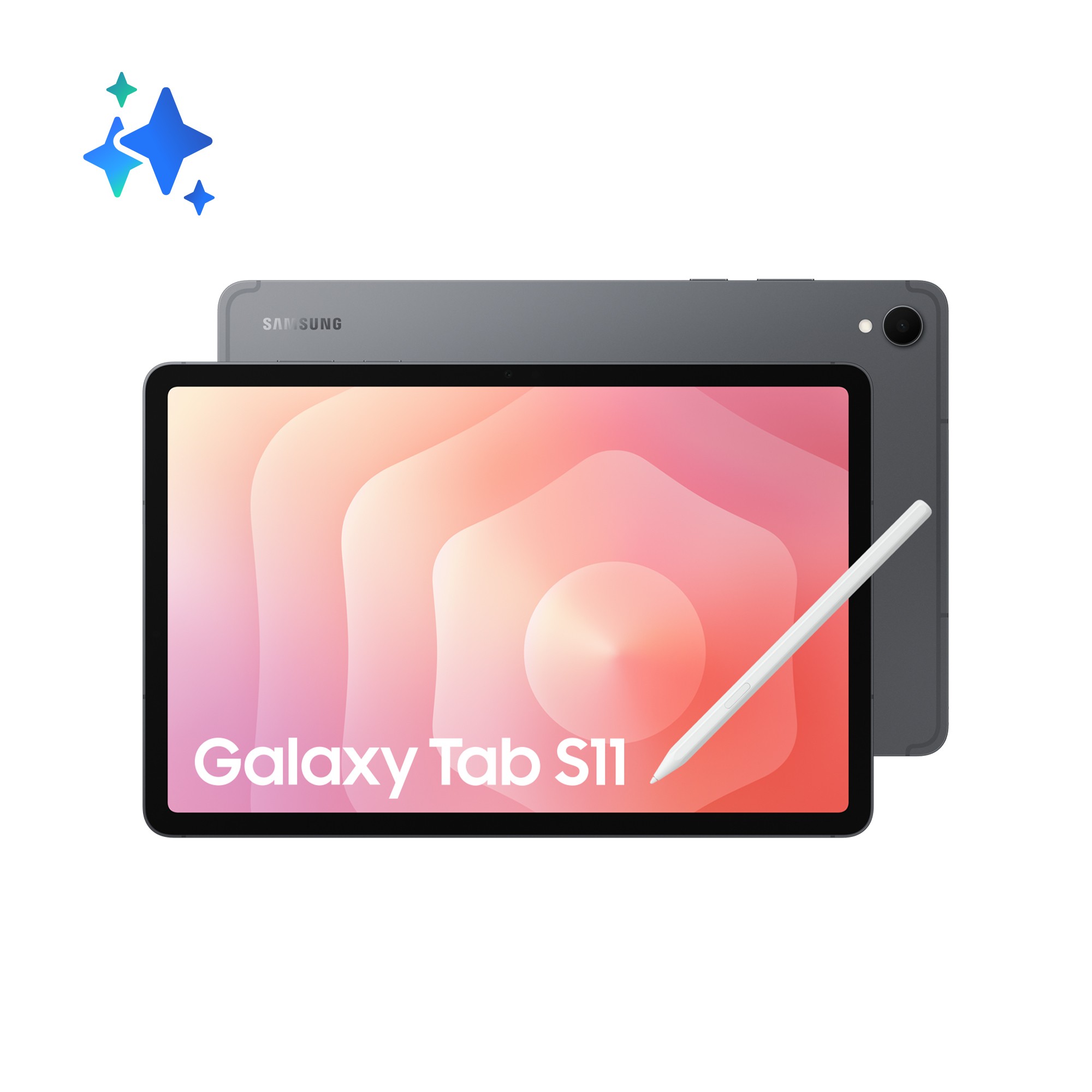 Samsung Galaxy Tab S11 in grey, featuring a sleek design, 11-inch display, and stylus, showcasing a vibrant screen with soft pink and orange hues.