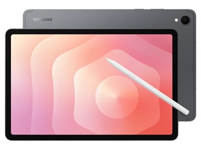 Samsung Galaxy Tab S11 in dark gray with a vibrant pink abstract display, featuring a white S Pen stylus beside it, showcasing its sleek design and 11-inch screen.