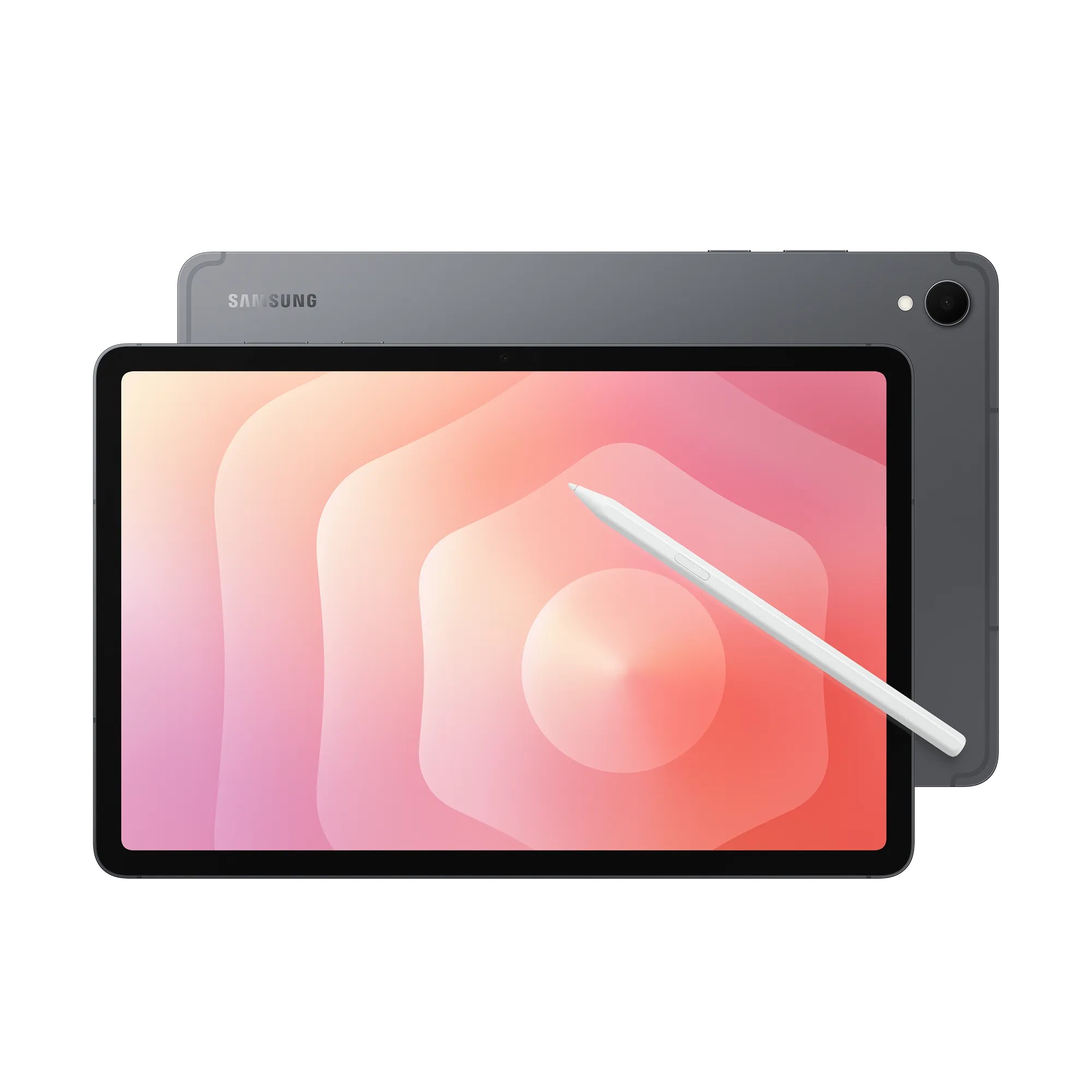Samsung Galaxy Tab S11 5G in gray with a sleek design, featuring a vibrant display and a white stylus positioned on the screen, showcasing its 256 GB storage capacity.