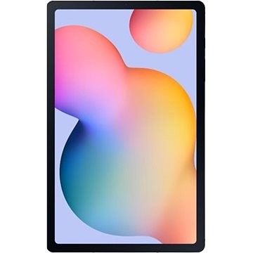 Samsung Galaxy Tab S6 Lite in grey, featuring a sleek 10.4-inch display with vibrant, abstract colors on the screen, showcasing its modern design and LTE capability.