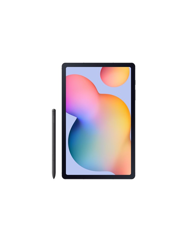 Samsung Galaxy Tab S6 Lite in black with a vibrant, colorful display, accompanied by a sleek S Pen stylus, showcasing its lightweight design and 64 GB storage capacity.
